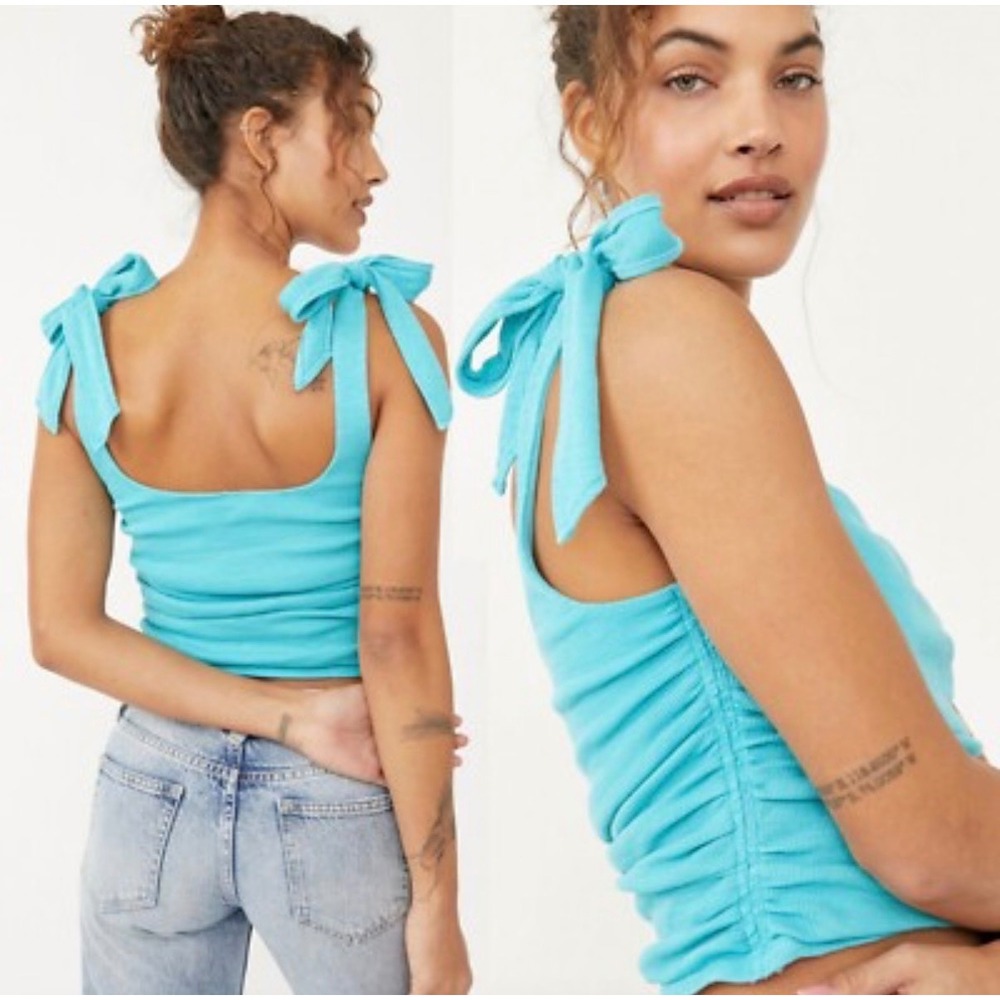 Free People Turquoise Blue Tie Shoulder Ruched Ribbed Tank Top Large